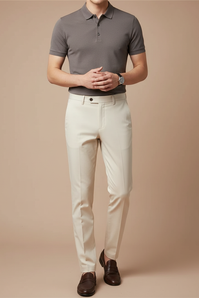 Pantalon Chino Beige Clair Coton Slim Élégant Homme