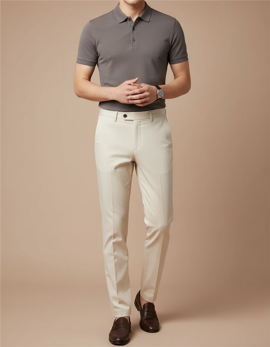 Pantalon Chino Beige Clair Coton Slim Élégant Homme