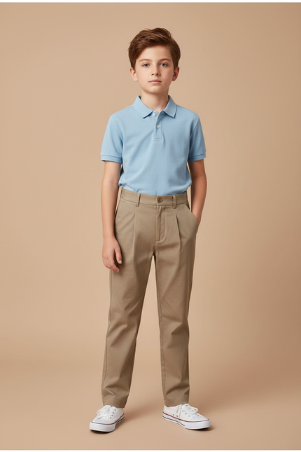 Pantalon Chino Beige Plissé Droit Coton Garçon - Kaki