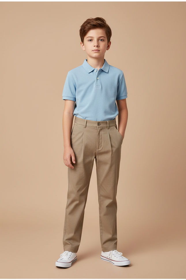 Pantalon Chino Beige Plissé Droit Coton Garçon - Kaki