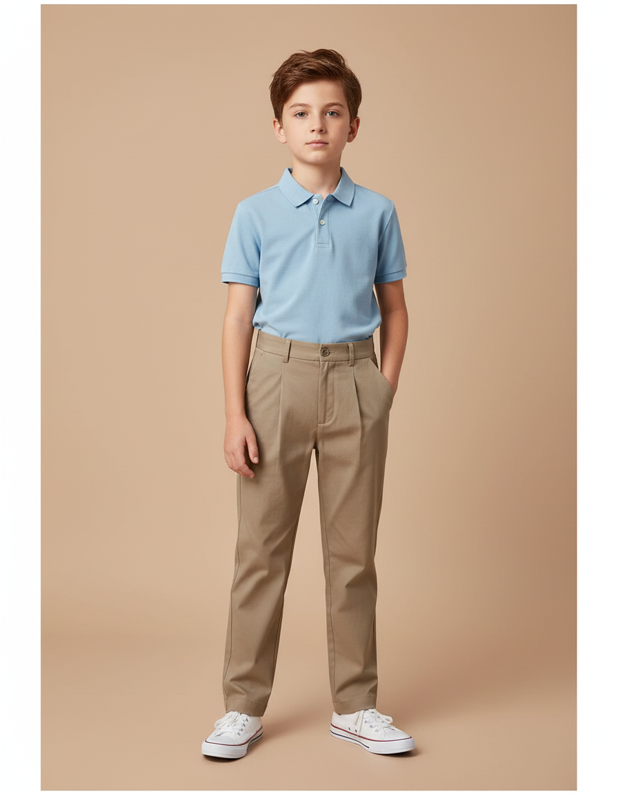 Pantalon Chino Beige Plissé Droit Coton Garçon - Kaki