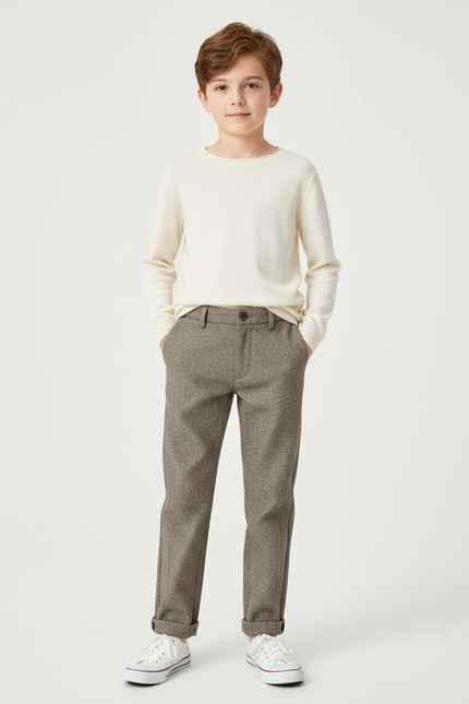 Pantalon Chino Gris Chiné Droit Laine Enfant - Tweed