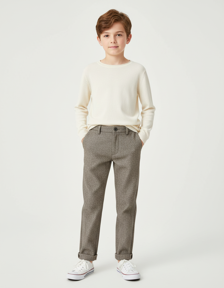 Pantalon Chino Gris Chiné Droit Laine Enfant - Tweed