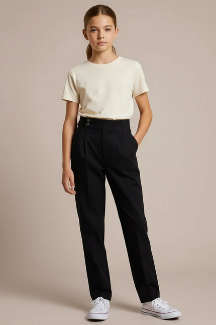 Pantalon Chino Noir Droit Élégant Taille Haute Fille - Gabardine