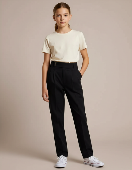 Pantalon Chino Noir Droit Élégant Taille Haute Fille - Gabardine
