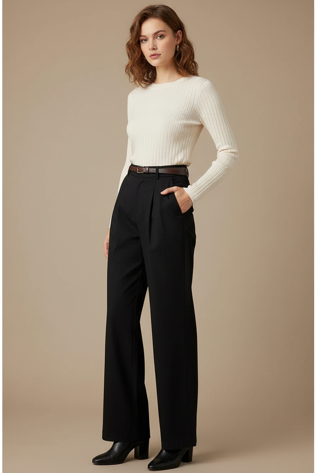 Pantalon Chino Noir Plissé Ample Femme Élégant - Polyester