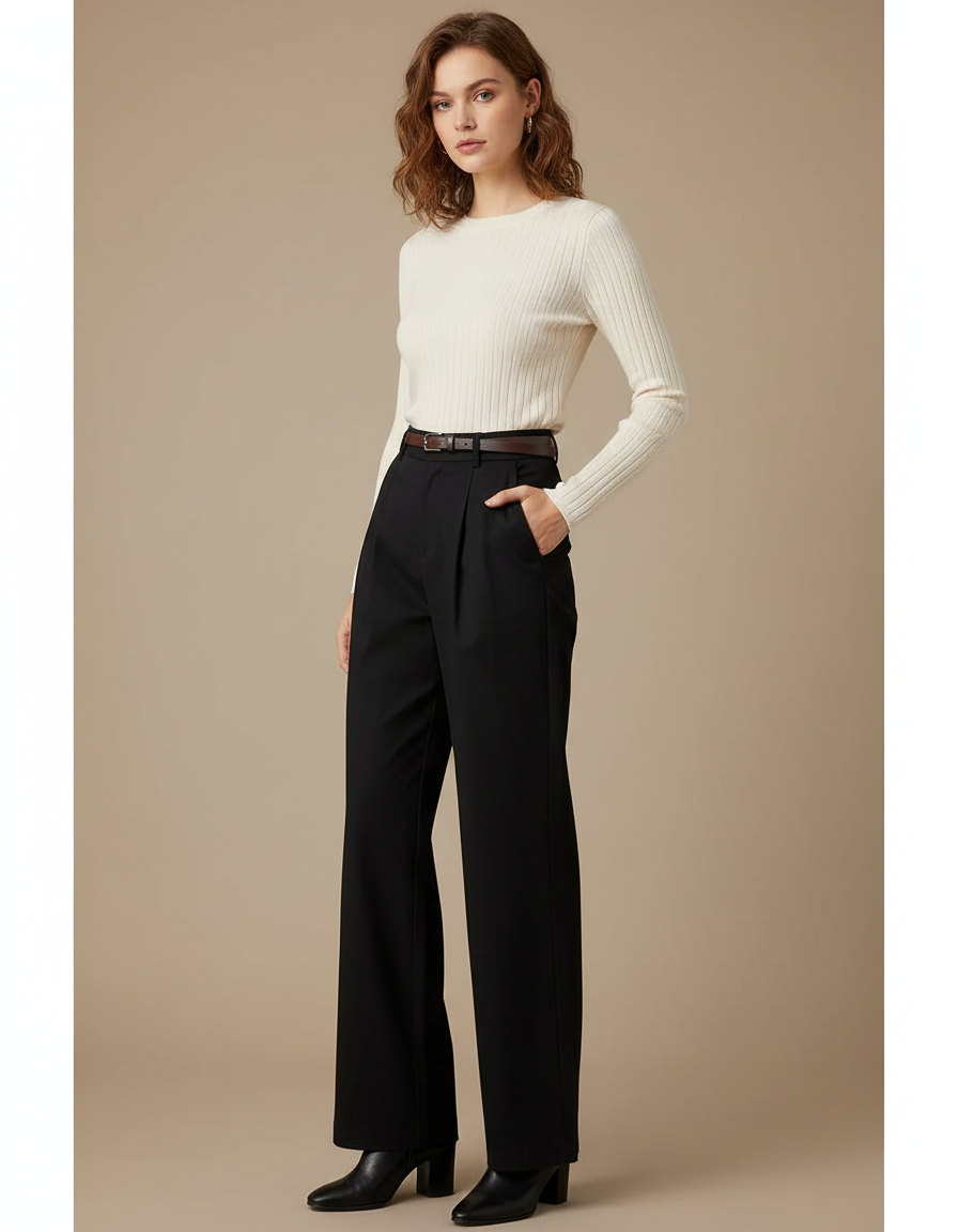 Pantalon Chino Noir Plissé Ample Femme Élégant - Polyester