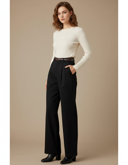 Pantalon Chino Noir Plissé Ample Femme Élégant - Polyester