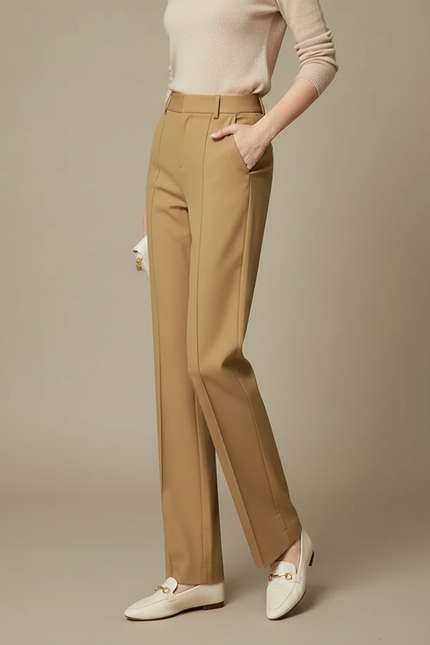 Pantalon Chino Kaki Taille Haute Droit Élégant - Gabardine