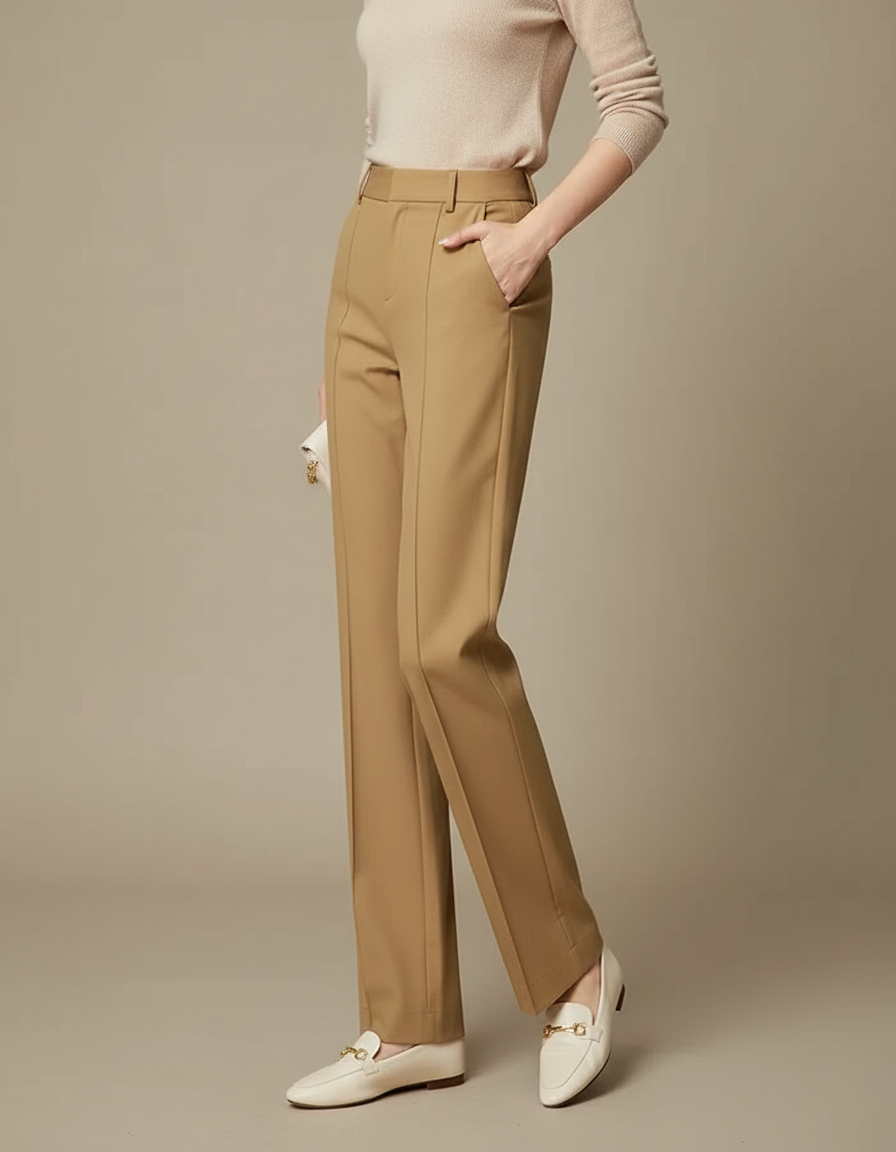 Pantalon Chino Kaki Taille Haute Droit Élégant - Gabardine