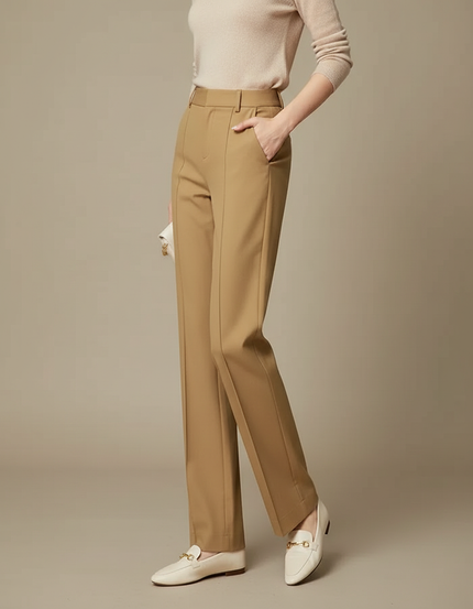 Pantalon Chino Kaki Taille Haute Droit Élégant - Gabardine