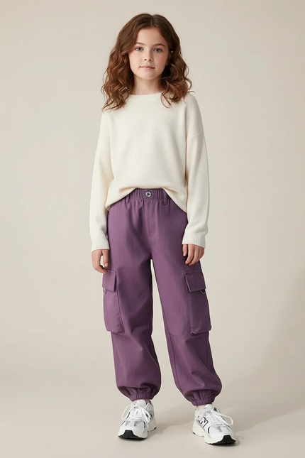 Pantalon Chino Violet Cargo Ample Enfant Décontracté - Coton