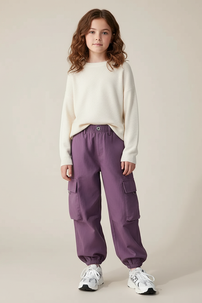 Pantalon Chino Violet Cargo Ample Enfant Décontracté - Coton
