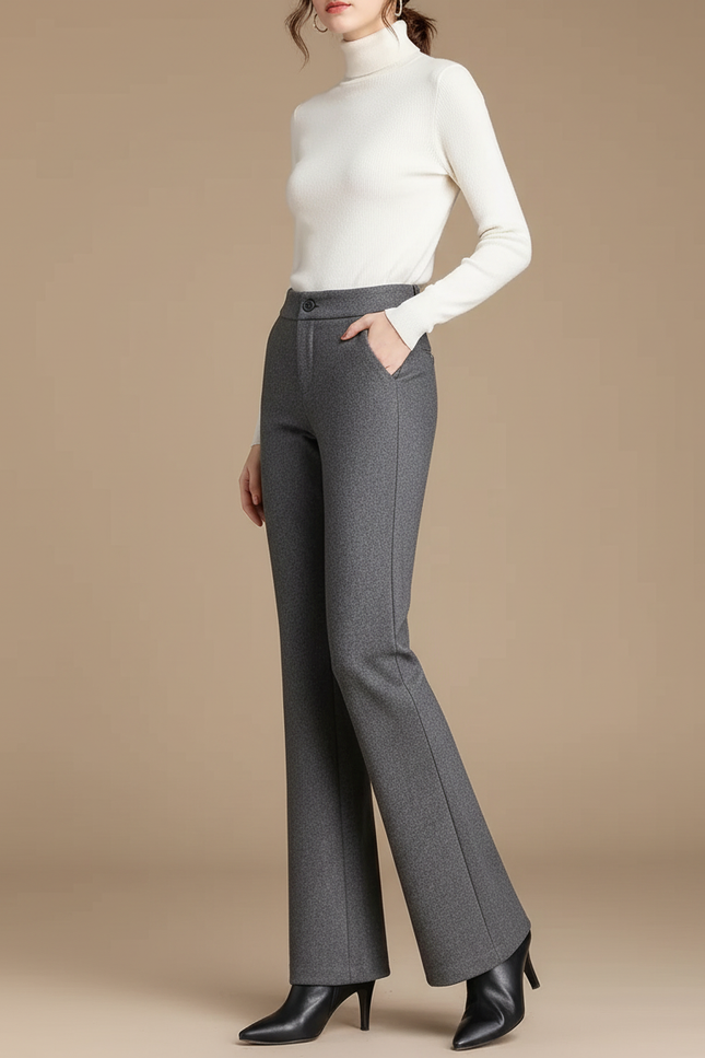 Pantalon Chino Gris Laine Évasé Taille Haute Élégant