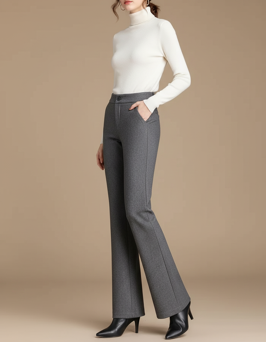 Pantalon Chino Gris Laine Évasé Taille Haute Élégant