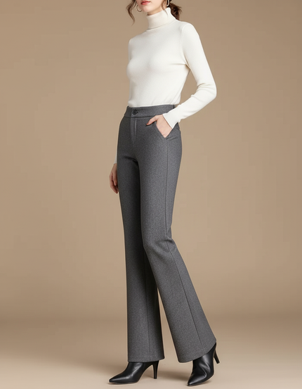 Pantalon Chino Gris Laine Évasé Taille Haute Élégant