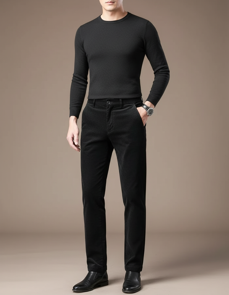 Pantalon Chino Noir Côtelé Droit Homme Décontracté - Cordé