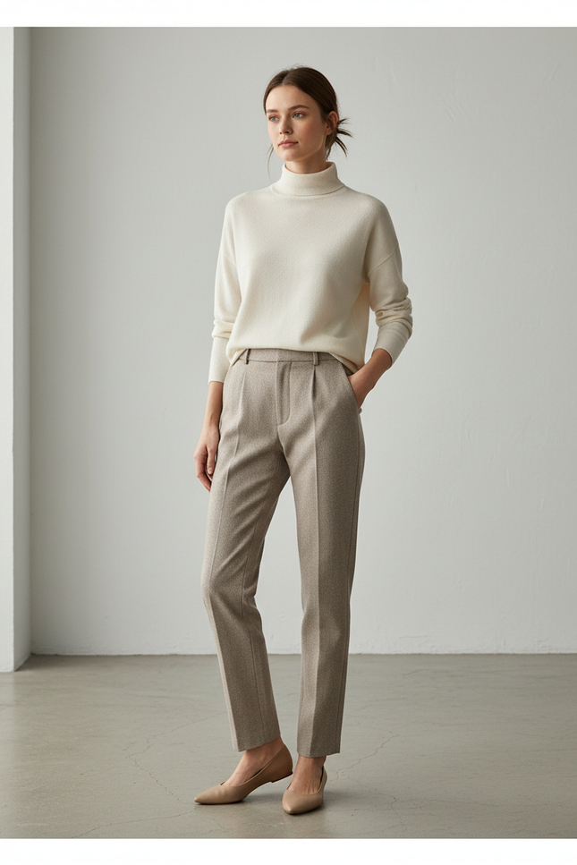 Pantalon Chino Beige Droit Élégant Plissé Femme - Tweed