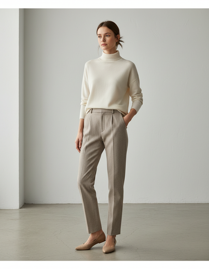 Pantalon Chino Beige Droit Élégant Plissé Femme - Tweed