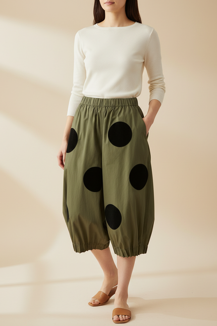 Pantalon Chino Vert Militaire Ample Pois Noirs - Kaki Toile