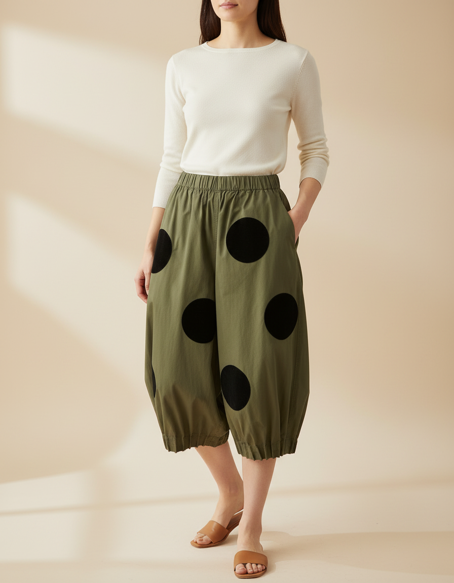 Pantalon Chino Vert Militaire Ample Pois Noirs - Kaki Toile