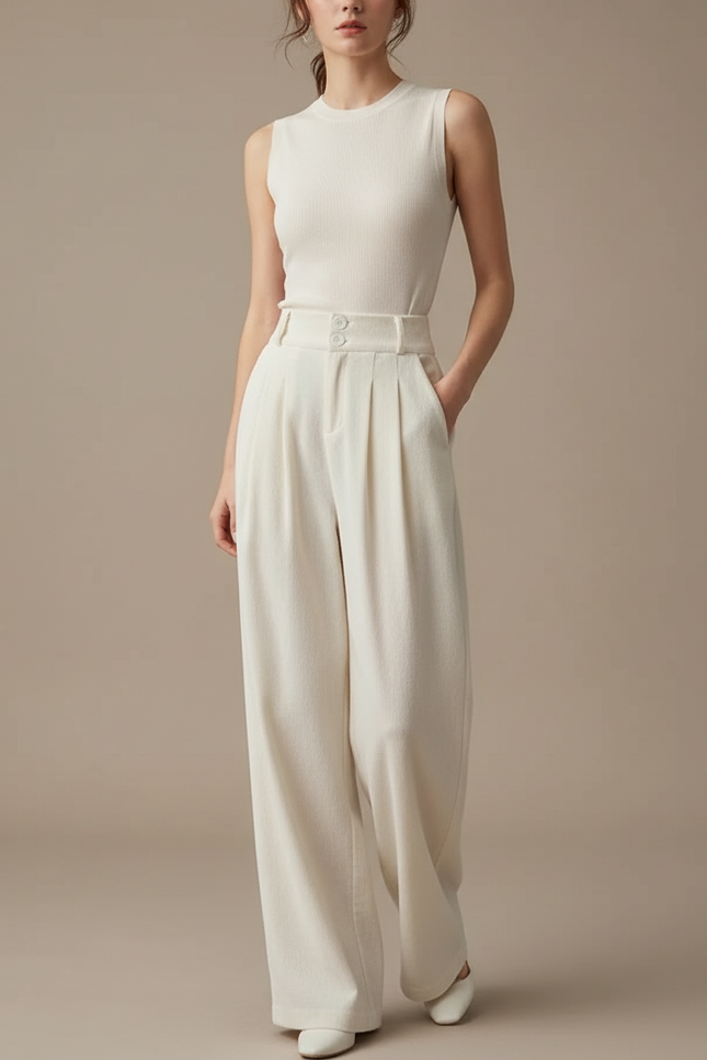 Pantalon Chino Écru Plissé Large Élégant Femme - Blanc Gabardine