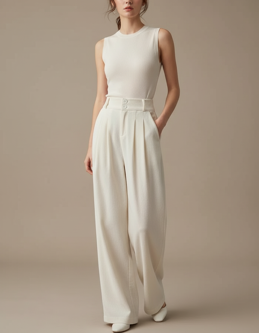 Pantalon Chino Écru Plissé Large Élégant Femme - Blanc Gabardine