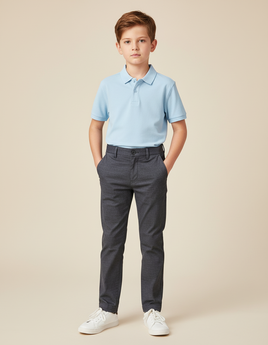 Pantalon Chino Gris Foncé Motif Micro Carreaux Garçon - Gabardine