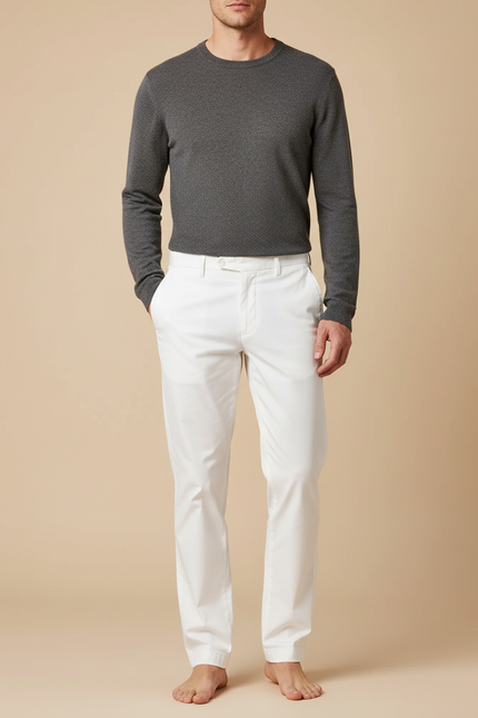 Pantalon Chino Blanc Coton Coupe Droite Décontracté Élégant Homme