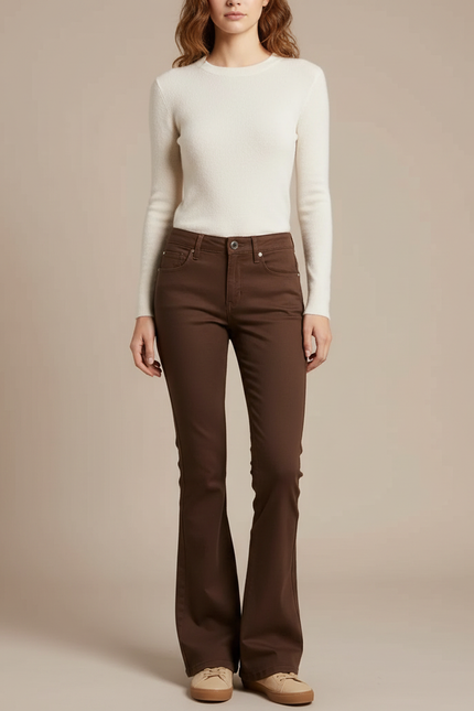 Pantalon Chino Marron Évasé Coton Confortable Femme