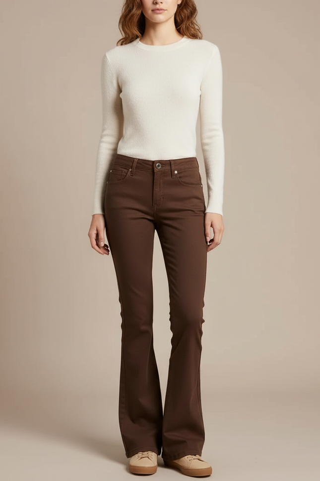 Pantalon Chino Marron Évasé Coton Confortable Femme
