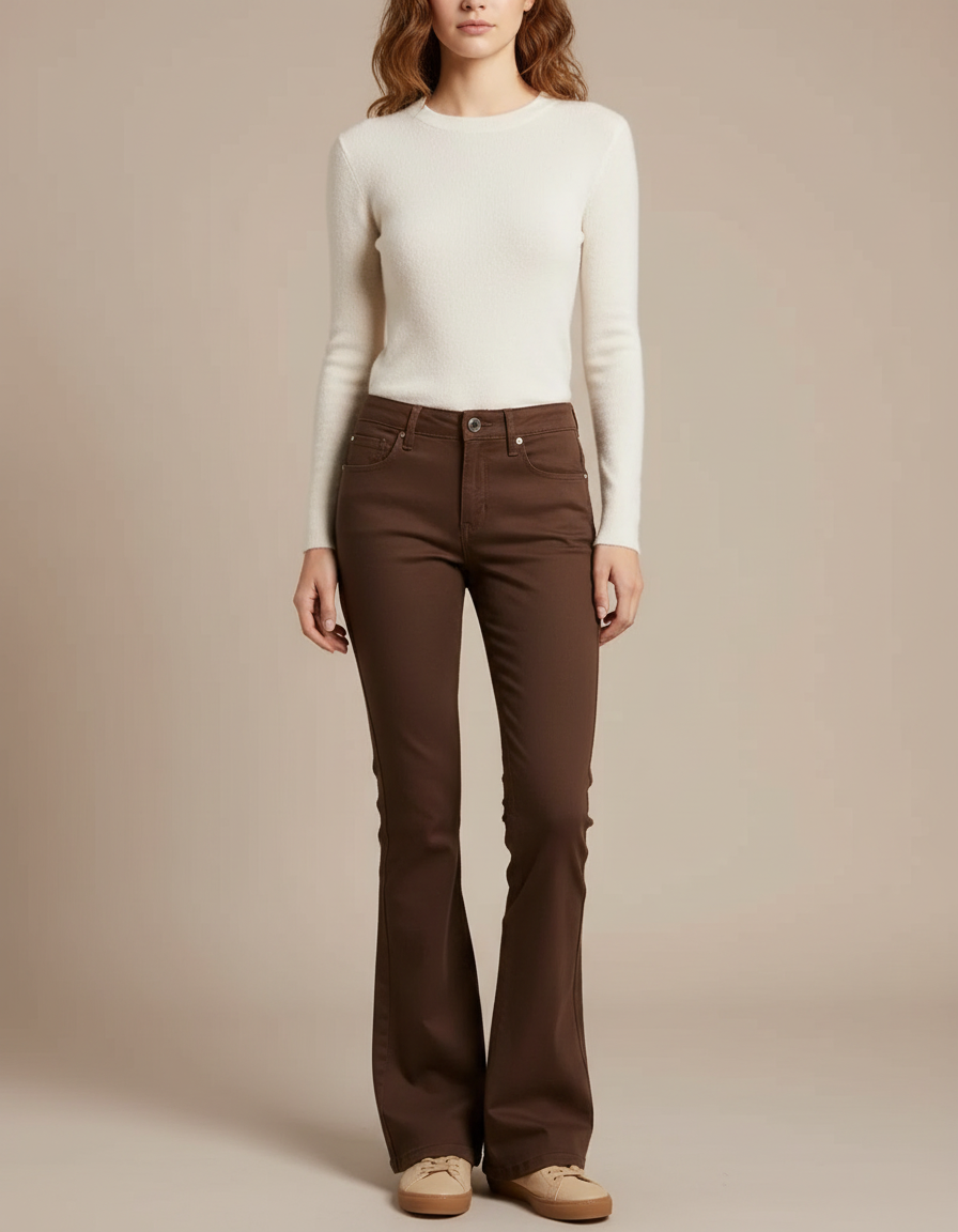 Pantalon Chino Marron Évasé Coton Confortable Femme