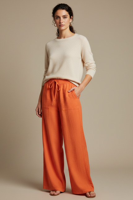 Pantalon Chino Orange Ample Fluide Décontracté Femme - Lin