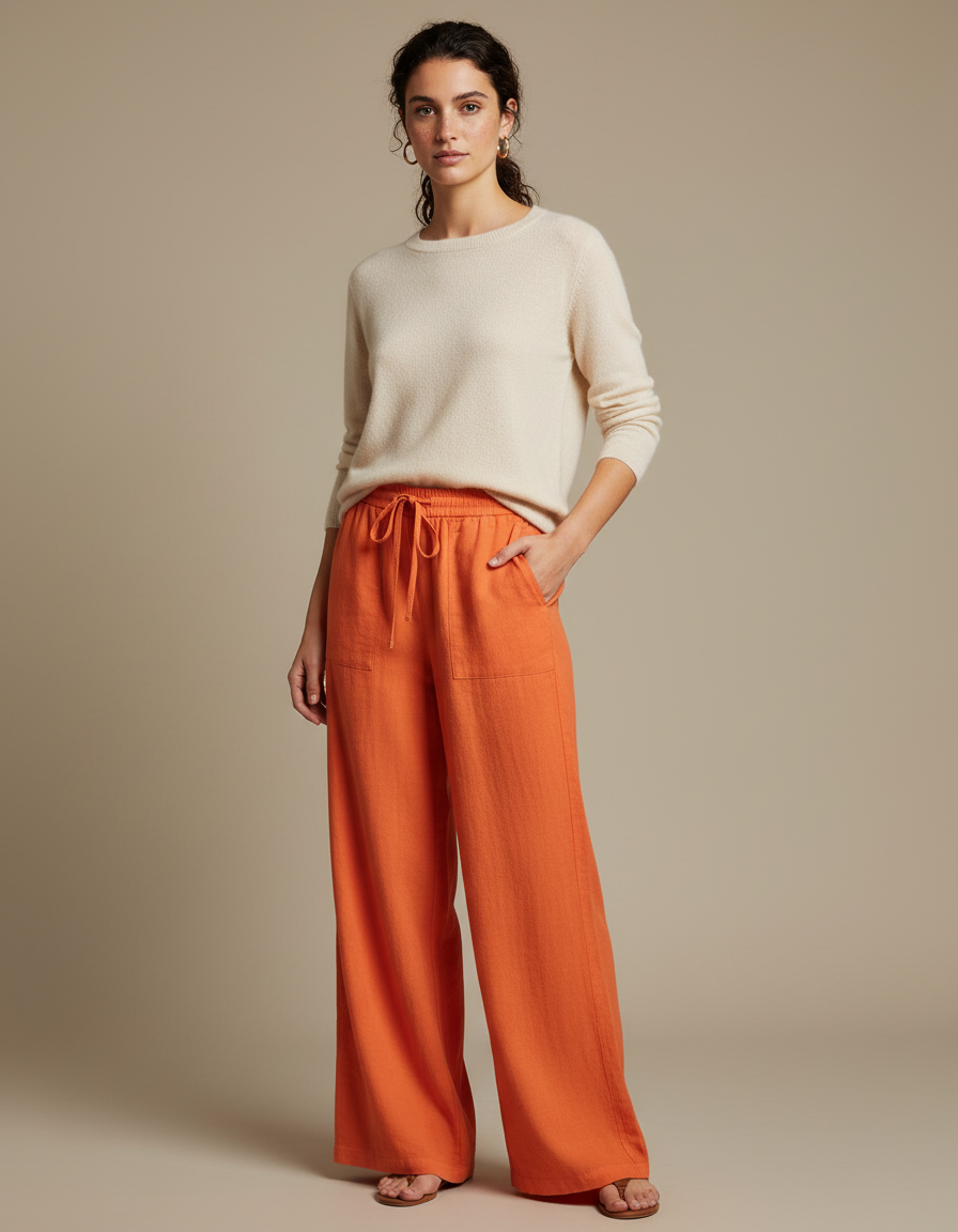 Pantalon Chino Orange Ample Fluide Décontracté Femme - Lin