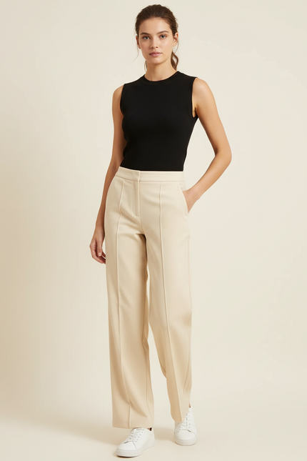 Pantalon Chino Beige Droit Élégant Taille Haute Femme - Polyester