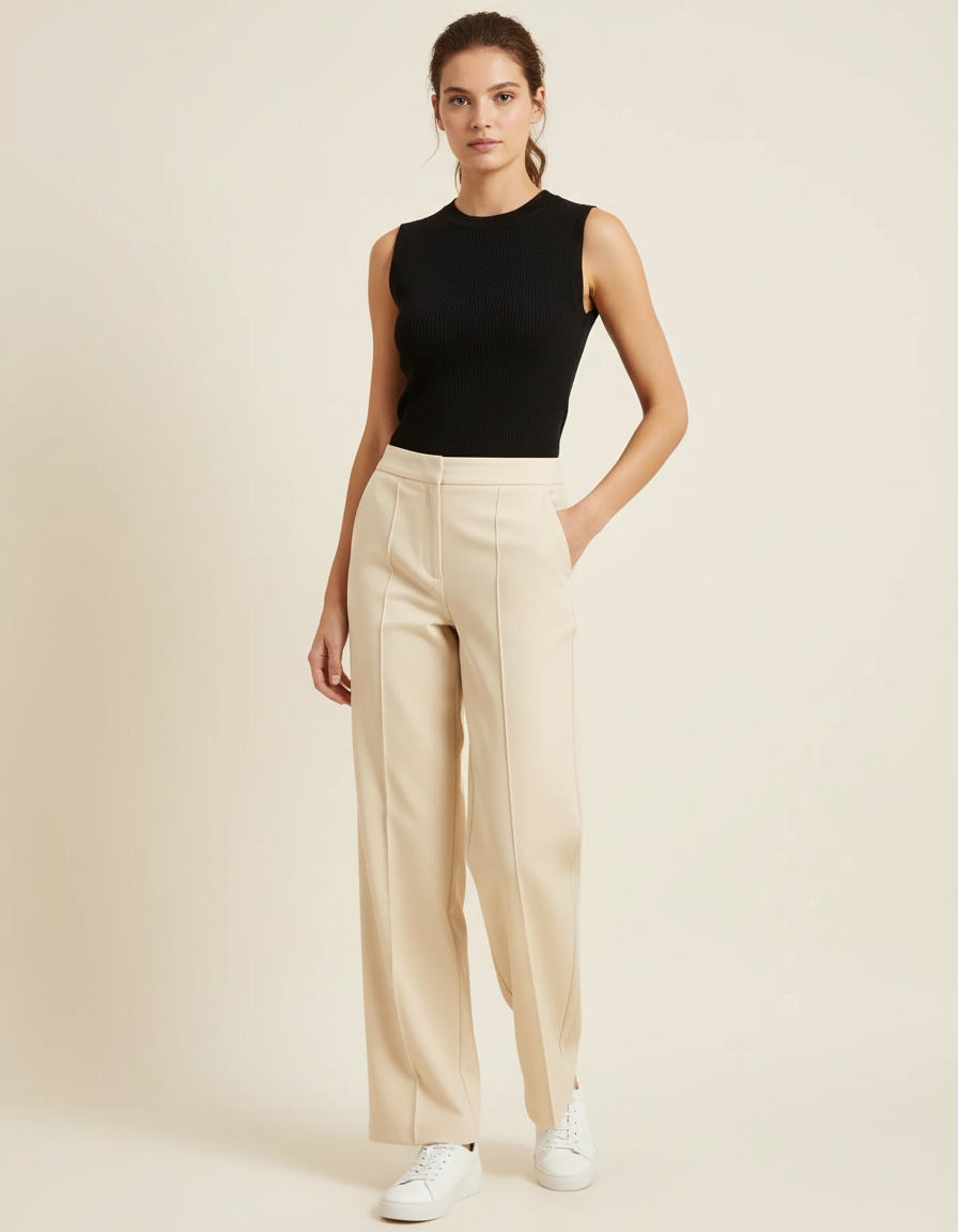 Pantalon Chino Beige Droit Élégant Taille Haute Femme - Polyester