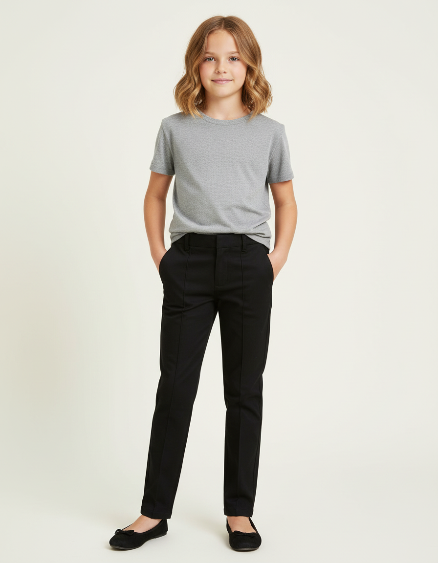 Pantalon Chino Noir Droit Simple Fille Confortable - Gabardine