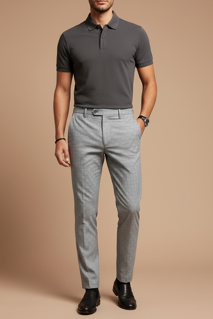 Pantalon Chino Gris Carreaux Slim Formel Homme - Polyester