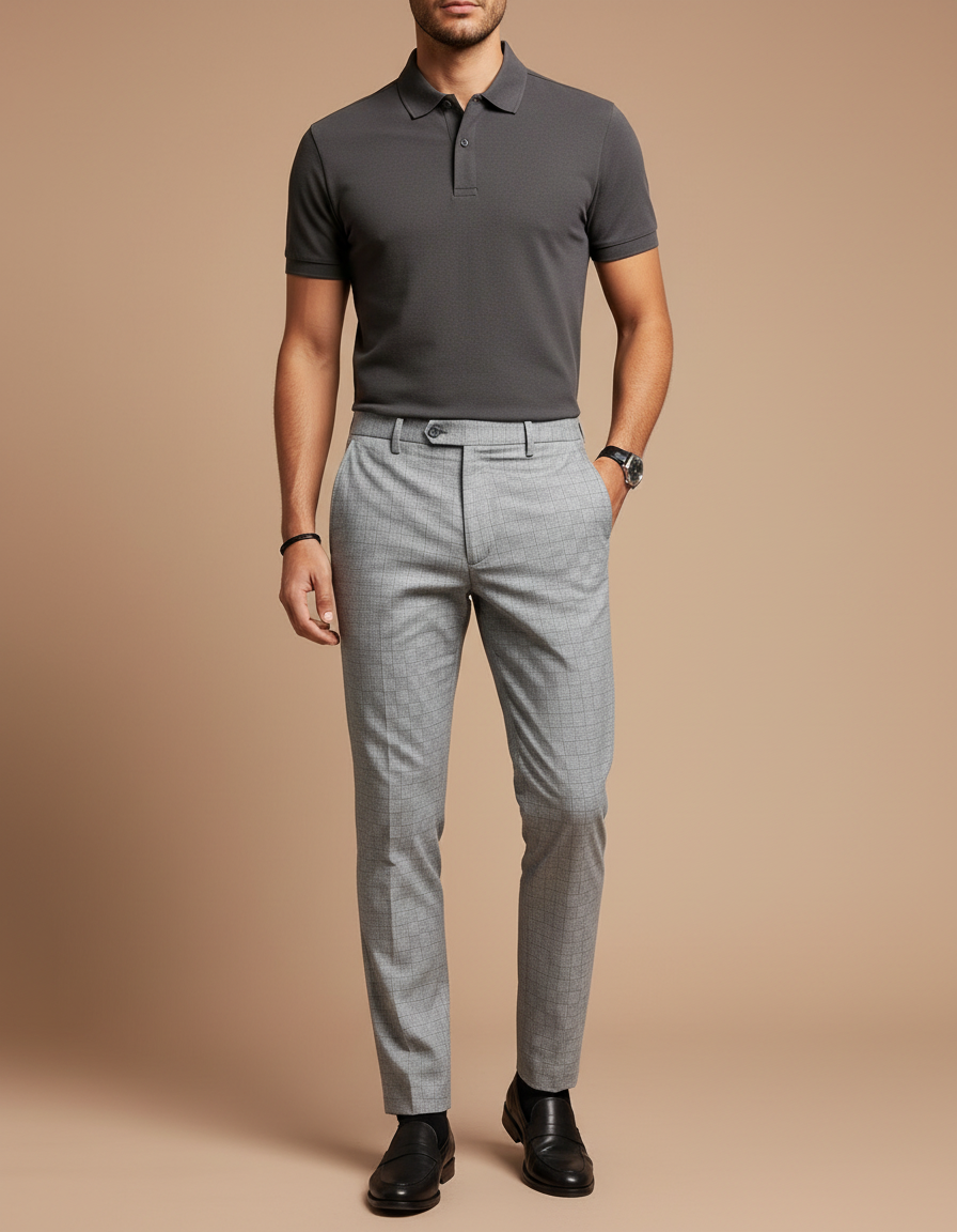 Pantalon Chino Gris Carreaux Slim Formel Homme - Polyester