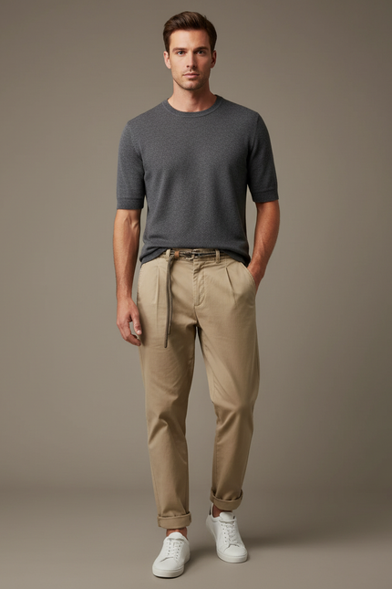 Pantalon Chino Beige Coton Décontracté Cordon Homme