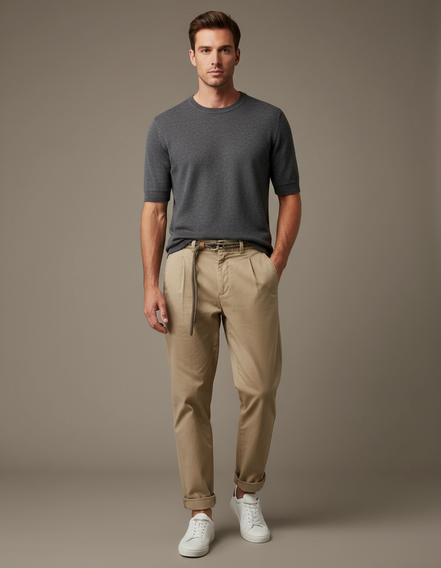 Pantalon Chino Beige Coton Décontracté Cordon Homme
