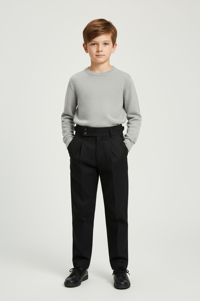 Pantalon Chino Noir Plissé Taille Haute Élégant Enfant - Gabardine