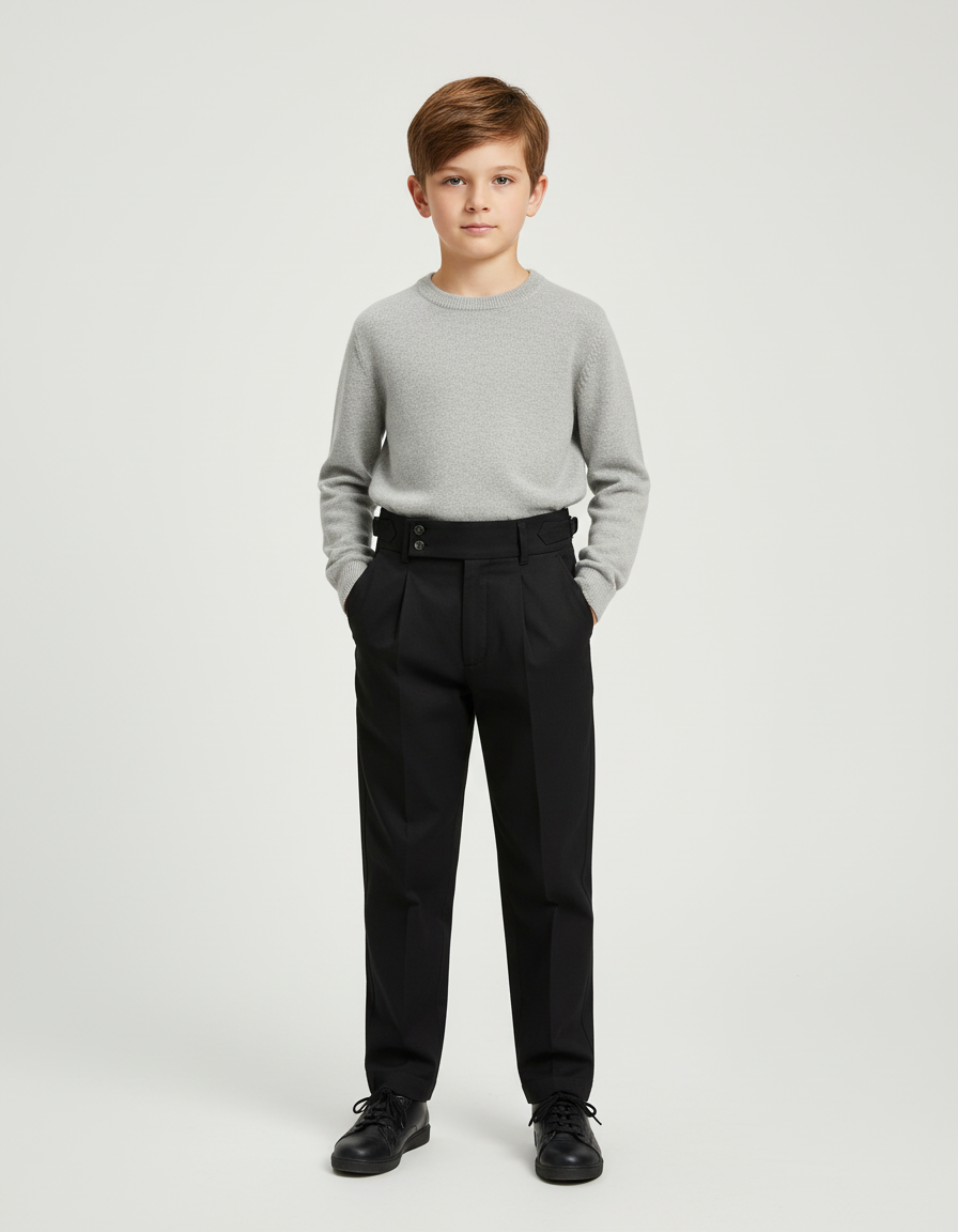 Pantalon Chino Noir Plissé Taille Haute Élégant Enfant - Gabardine