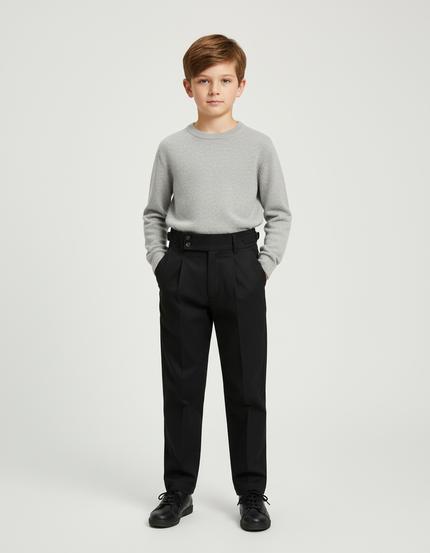 Pantalon Chino Noir Plissé Taille Haute Élégant Enfant - Gabardine