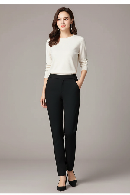 Pantalon Chino Noir Élégannt Droit Taille Haute Femme - Polyester