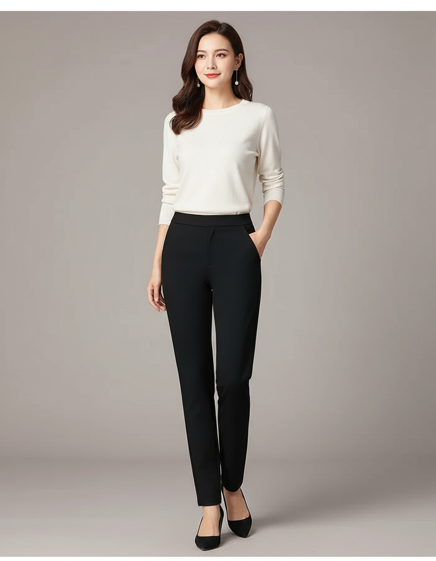 Pantalon Chino Noir Élégannt Droit Taille Haute Femme - Polyester