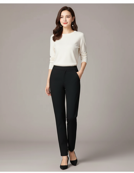 Pantalon Chino Noir Élégannt Droit Taille Haute Femme - Polyester