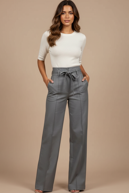 Pantalon Chino Gris Taille Haute Fluide Élégant Femme - Gabardine