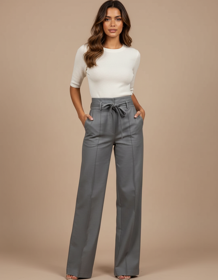 Pantalon Chino Gris Taille Haute Fluide Élégant Femme - Gabardine