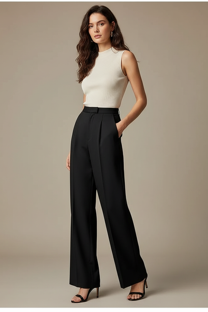 Pantalon Chino Noir Taille Haute Ample Élégant Femme - Polyester